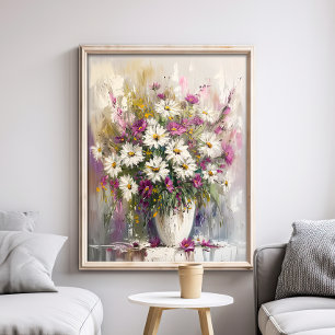 Paarse en witte gouache beschilderde madeliefjes poster