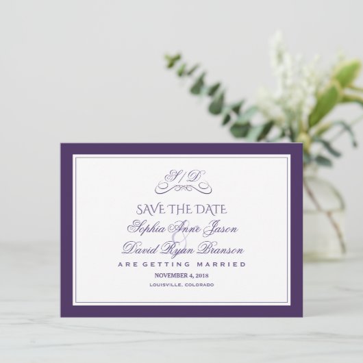 Paarse en witte grensverevening save the date (Staand voorkant)