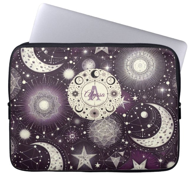 Paarse en witte hemelse dromen: maan en sterren laptop sleeve (Voorkant)