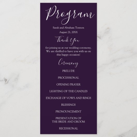 Paarse en Witte Huwelijksprogramma's Menu (Voorkant)
