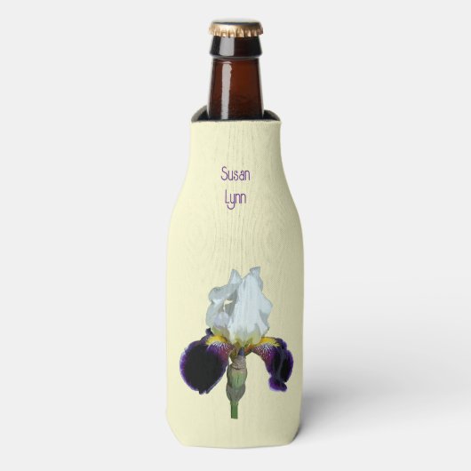 Paarse en Witte Iris Fles Koozie Koeler (Fles Voorkant)