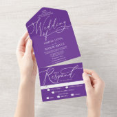 Paarse en witte kalligrafie script bruiloft all in one uitnodiging (Afscheurbaar)