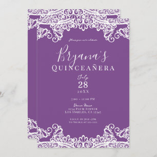 Paarse en witte kant Elegant Quinceañera Partij Kaart