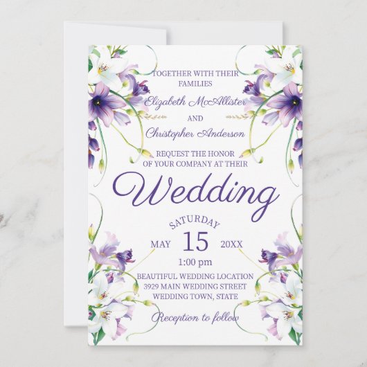 Paarse en witte lelies met groene wijnstokken brui kaart (Voorkant)