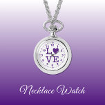 Paarse en witte liefde Ketting horloge<br><div class="desc">Ketting Horloge cadeau. Met het woord 'love' en een hartvorm die de letter O. Paarse en witte vervangt</div>