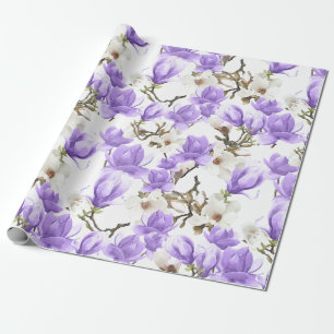 Paarse en witte Magnolia Blossom Waterverf Patroon Cadeaupapier