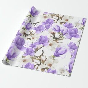 Paarse en witte Magnolia Blossom Waterverf Patroon Cadeaupapier