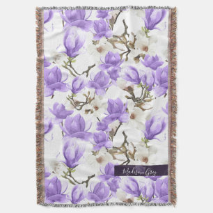 Paarse en witte Magnolia Blossom Waterverf Patroon Deken