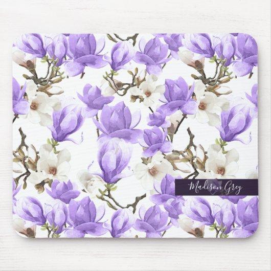 Paarse en witte Magnolia Blossom Waterverf Patroon Muismat (Voorkant)