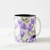 Paarse en witte Magnolia Blossom Waterverf Patroon Tweekleurige Koffiemok (Voorkant rechts)