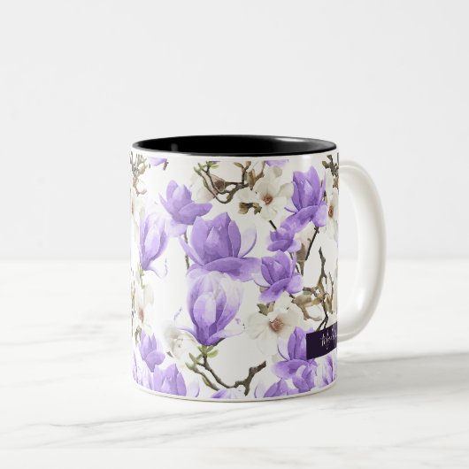 Paarse en witte Magnolia Blossom Waterverf Patroon Tweekleurige Koffiemok (Voorkant rechts)