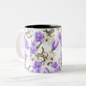 Paarse en witte Magnolia Blossom Waterverf Patroon Tweekleurige Koffiemok (Voorkant links)
