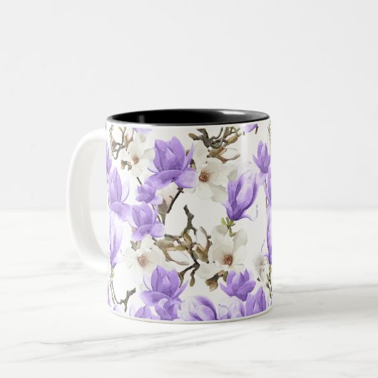 Paarse en witte Magnolia Blossom Waterverf Patroon Tweekleurige Koffiemok (Voorkant links)