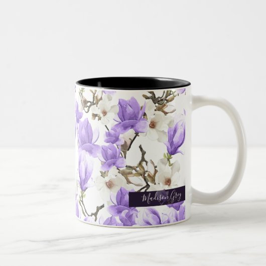 Paarse en witte Magnolia Blossom Waterverf Patroon Tweekleurige Koffiemok (Rechts)