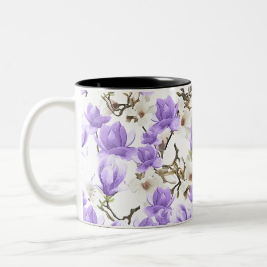 Paarse en witte Magnolia Blossom Waterverf Patroon Tweekleurige Koffiemok (Links)