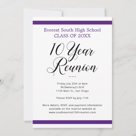 Paarse en witte minimalistische 10 jaar klasse reü kaart (Voorkant)