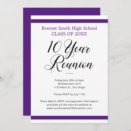 Paarse en witte minimalistische 10 jaar klasse reü kaart (Voorkant / Achterkant)