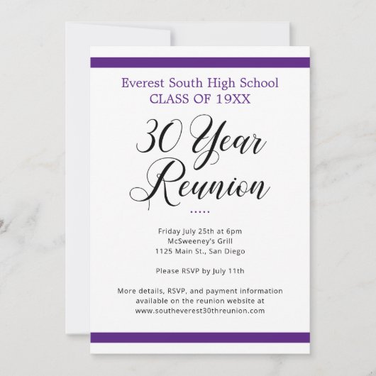 Paarse en witte minimalistische 30 jaar klasse reü kaart (Voorkant)
