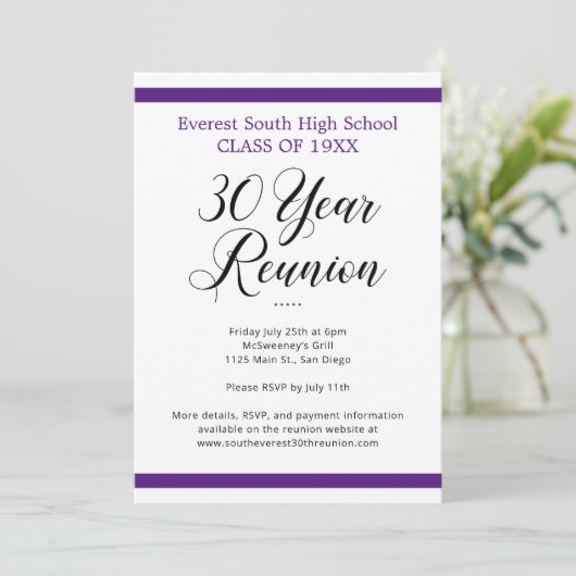 Paarse en witte minimalistische 30 jaar klasse reü kaart (Staand voorkant)