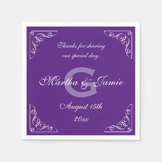 paarse en witte monogram bruiloft servetten (Voorkant)
