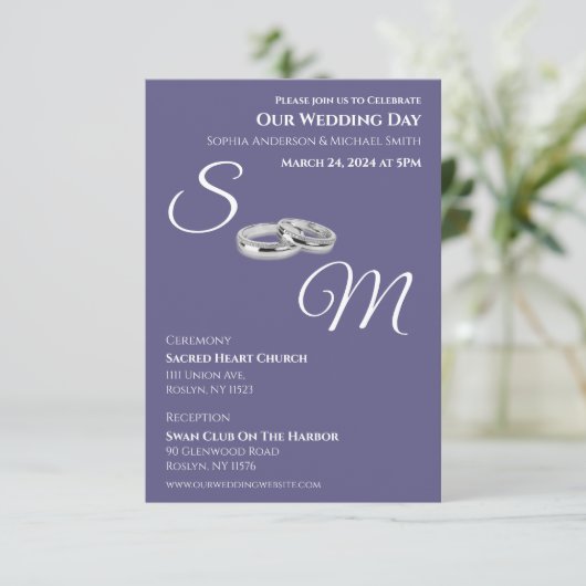 Paarse en witte-Monogram-Trouwringen- Kaart (Staand voorkant)