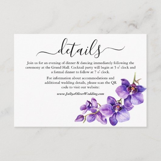 Paarse en witte Orchidee bruiloft Details Informatiekaartje (Voorkant)