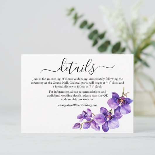 Paarse en witte Orchidee bruiloft Details Informatiekaartje (Staand voorkant)