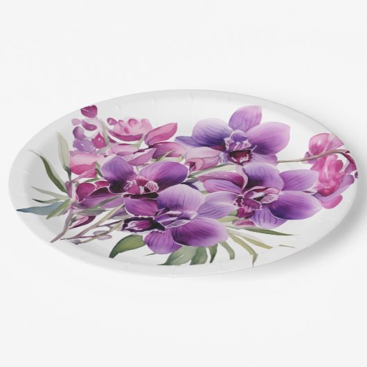 Paarse en witte orchideeën bruiloft papieren bordje (Gekanteld)