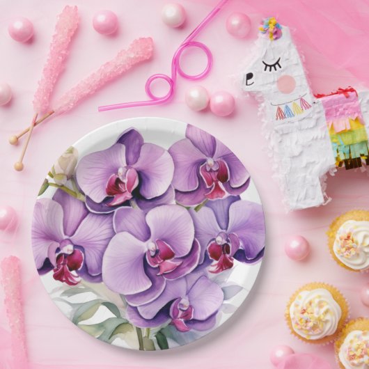 Paarse en witte orchideeën bruiloft papieren bordje (Feest)