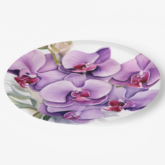 Paarse en witte orchideeën bruiloft papieren bordje (Gekanteld)