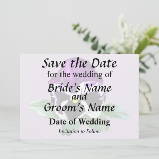 Paarse en witte Pansy Save The Date (Staand voorkant)
