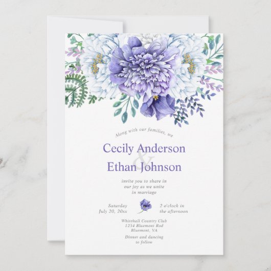 Paarse en witte pioenen bloemenbruiloft kaart (Voorkant)