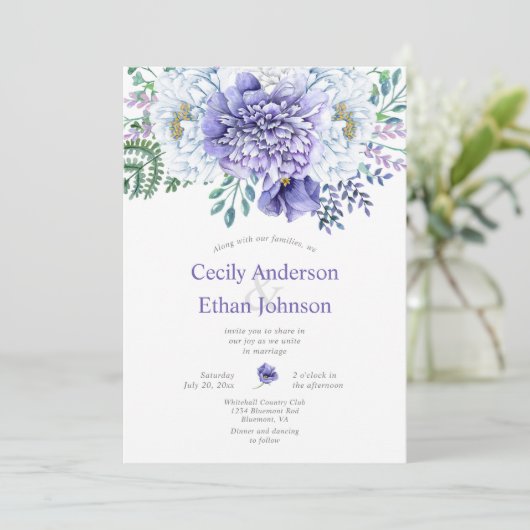 Paarse en witte pioenen bloemenbruiloft kaart (Staand voorkant)