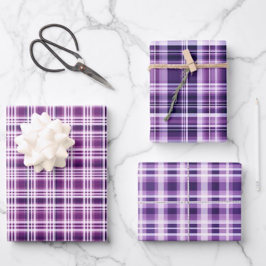 Paarse en witte Plaid Trio Inpakpapier Vel (Voorkant)