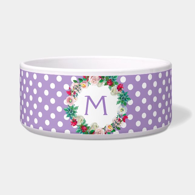 Paarse en witte poka dots met monogram Pet Voerbakje (Voorkant)