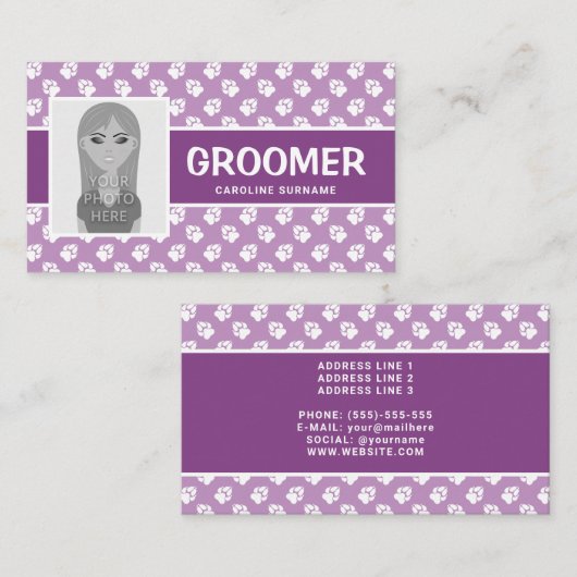 Paarse en witte pokken met uw foto - Dog Groomer Visitekaartje (Voorkant / Achterkant)