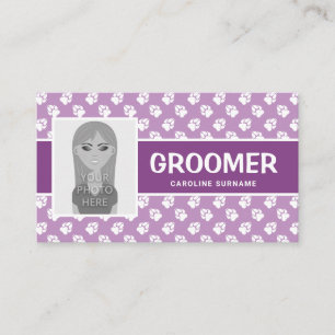 Paarse en witte pokken met uw foto - Dog Groomer Visitekaartje