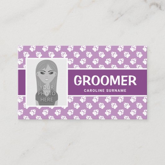 Paarse en witte pokken met uw foto - Dog Groomer Visitekaartje (Voorkant)