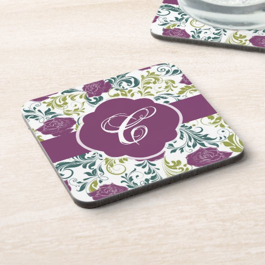 Paarse en witte Retrostijl Roos Monogram patroon Onderzetter (Linkerzijde)