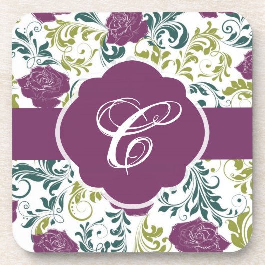 Paarse en witte Retrostijl Roos Monogram patroon Onderzetter (Voorkant)