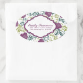 Paarse en witte Retrostijl Roos Monogram patroon Ovale Sticker (Tas)