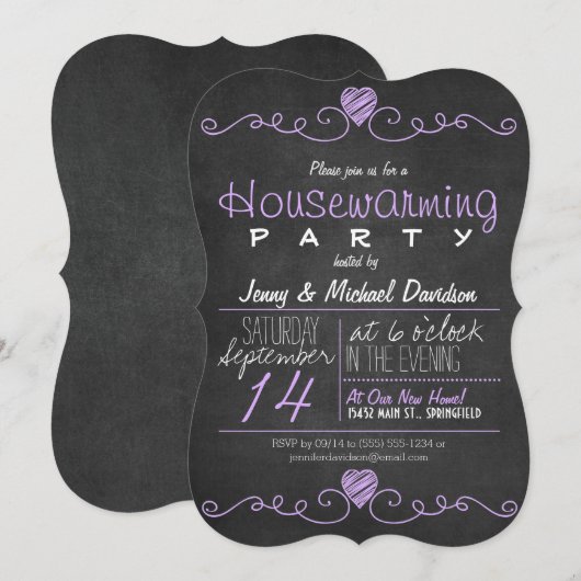 Paarse en witte schoolbord housewarming party kaart (Voorkant / Achterkant)