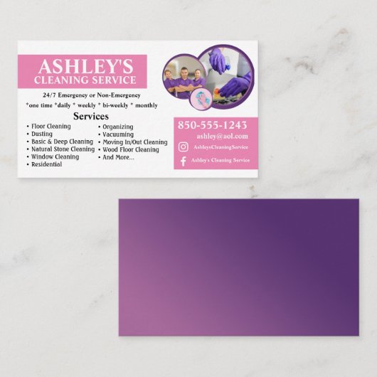 Paarse en witte schoonmaak Service Visitekaartje (Voorkant / Achterkant)