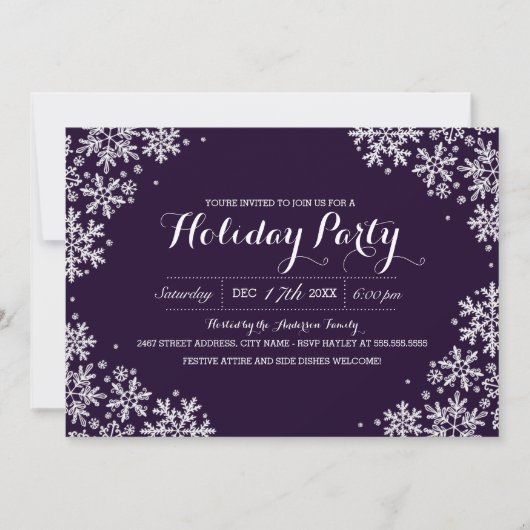 Paarse en witte Snowflake Holiday Party nodigt uit Kaart (Voorkant)