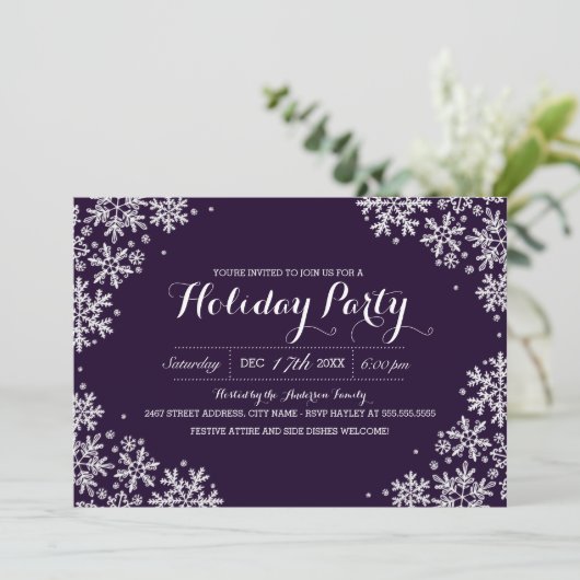 Paarse en witte Snowflake Holiday Party nodigt uit Kaart (Staand voorkant)