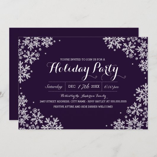 Paarse en witte Snowflake Holiday Party nodigt uit Kaart (Voorkant / Achterkant)
