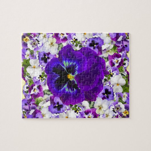 PAARSE EN WITTE SPRINGPANSIES VIGNETTE LEGPUZZEL (Horizontaal)