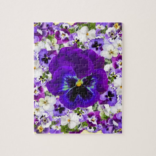 PAARSE EN WITTE SPRINGPANSIES VIGNETTE LEGPUZZEL (Verticaal)