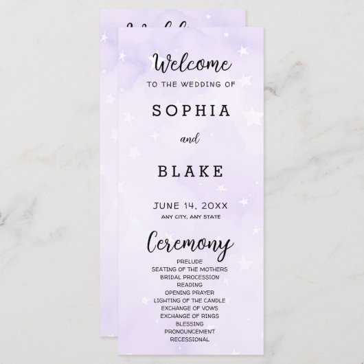 Paarse en witte sterren hemelse bruiloft programma (Voorkant / Achterkant)