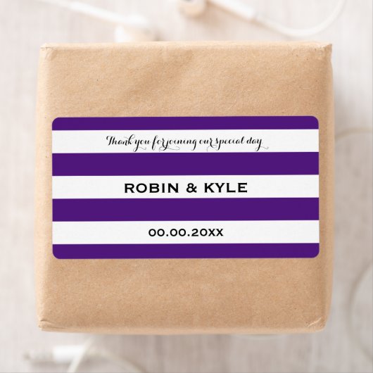 Paarse en witte streep bruiloft water flesetiket etiket (Insitu)